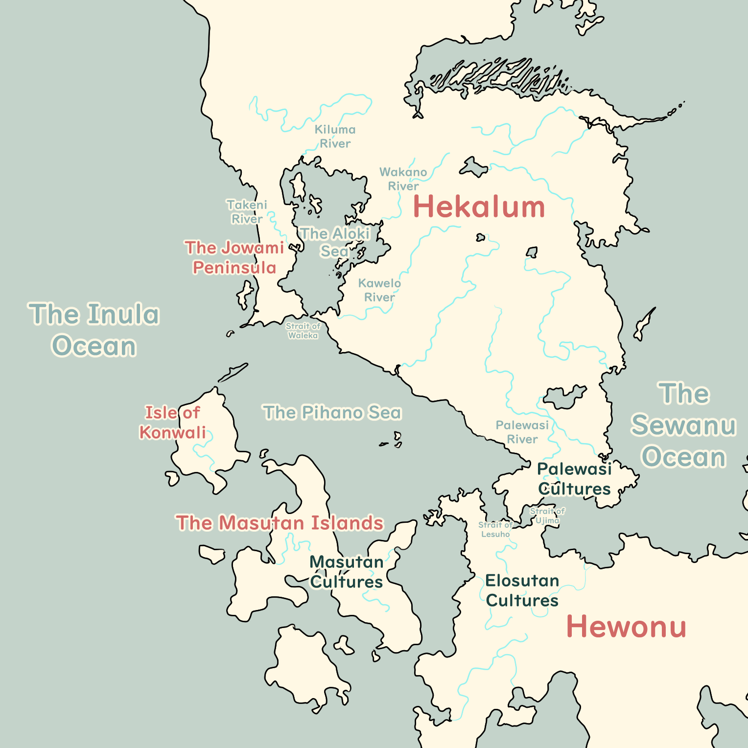 Regional map of the Hekalum and Hewonu continents around Onaki.